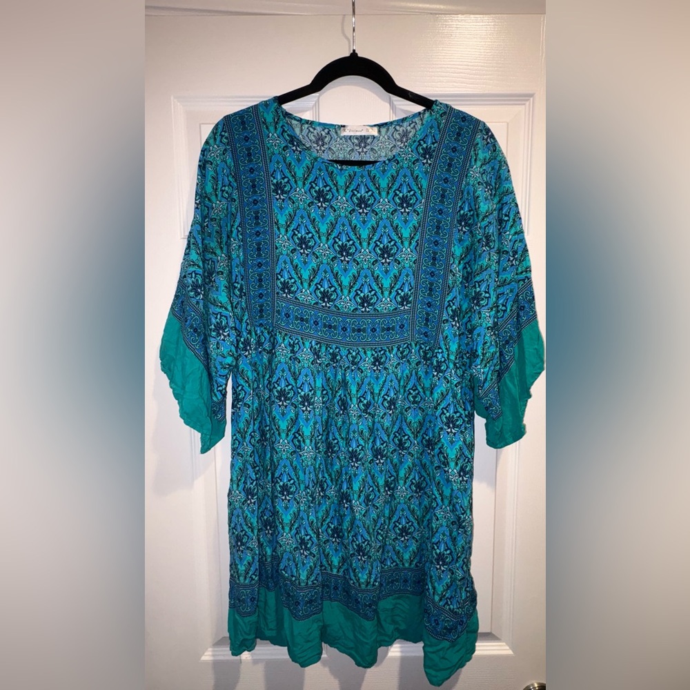 Teal Patterned Boho Tunic Top
